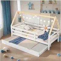 REDOM Bett Kinderbett, Ausziehbett Schiebebett (mit ausziehbarem Schiebebett, naturfarbener Dachstuhl, mit Rollen, 90x200 & 90x190 cm), Ohne Matratze