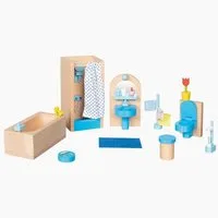 goki Puppenhausmöbel Badezimmer (Spar Packung, 17tlg., set), Moderne Puppenmöbel mit detailverliebten Accessoires.