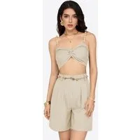 Imily Bela Hausanzug Damen 2-teiliges Freizeit-Set mit Leinen-Optik und Perlen-Trägern (Set, 2 tlg., Trägertop + Shorts) Eingrifftaschen