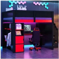 Merax Hochbett 140x200cm mit LED und USB (Gaming Jugendbett Einzelbett, 1-St) Holz Kinderbett mit Schreibtisch, Stauraum & Treppe mit Fächern