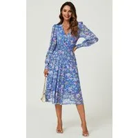FS Collection Sommerkleid Damen Sommerkleid Midikleid Hellblau Geblümt Langarm Mesh (XS (EU:36 / UK:8) · S (EU:38 / UK:10) · M (EU:40 / UK:12) · L (EU:42 / UK:14) · XL (EU:44 / UK:16) Blumenmuster, Mesh-Einsatz, asymmetrischer Saum, Taschen