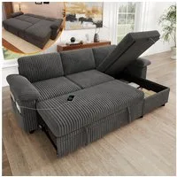 Merax Ecksofa mit Schlaffunktion, ausziehbares Schlafsofa mit Stauraum-Ottomane, links/rechts montierbar Ecksofa Couch 1 Teile, Sofa mit verstellbarer Rückenlehne, USB/Type-C Ladeanschluss,Cordstoff