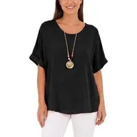 dy_mode Kurzarmbluse Kurzarmbluse Damen Blusenshirt Oberteil Oversize Tunika in Unifarbe, mit Statementkette