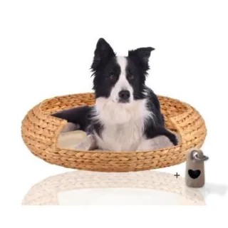 Rohrschneider ® runder Hundekorb aus geflochtener Wasserhyazinthe, Hundesofa für kleine, mittelgroße und große Hunde