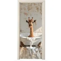 MuchoWow Türtapete Giraffe - Badewanne - Vintage - Tiere, Matt, bedruckt, (1 St), Selbstklebende Tapete, Folie für Möbel, 70x215 cm