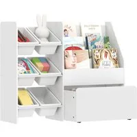 AIYAPLAY Spielzeugtruhe mit 6 herausnehmbaren Aufbewahrungsboxen, Bücherablage, rollbarer Box (Kinderregal, 1 St., Kinder-Bücherregal), mit Rädern, für Kinderzimmer, Spielzimmer, 100x30x80 cm, Weiß