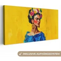 OneMillionCanvasses® Leinwandbild Panorama Frida Kahlo - Frau - Gelb - Blau - Blumen, Fotodruck (1 St), Wandbild, Deko Schlafzimmer Wohnzimmer Flur 40x20 cm