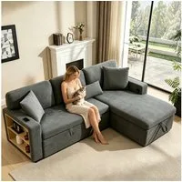 Merax Ecksofa L-Form Sofa, Loungesessel mit Schlaffunktion, Bettkasten, integriertem Regal & USB