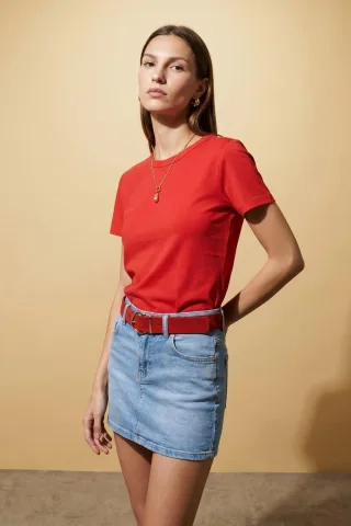Damen Unifarbene Rundhalsausschnitt T-Shirt