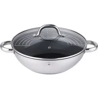 Gustav Voss Wok Wokpfanne mit Glasdeckel und Ablagegitter Pfanne, Edelstahl (Edelstahl Bratpfanne mit Deckel), langlebige Procalon PLUS Antihaftbeschichtung: