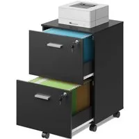 DEVAISE Rollcontainer mit Schubladen, Aktenschrank abschließbar für DIN A4/Legal/Letter, Büroschrank mit Rollen, Druckerständer, Schwarz, 44×40×68 cm