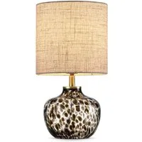STANBOW Tischleuchte Tischlampe mit Glassockel & Stoffschirm, modern, E27, ohne Leuchtmittel, mit Leopardenmuster-Glasfuß & naturfarbenem Jute-Schirm