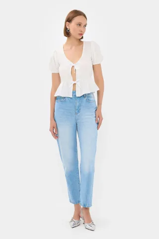 Kurzarm Bluse mit Knoten vorne im V-Ausschnitt