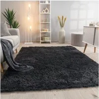 KADIMA DESIGN Teppich waschbar Unifarben Schlafzimmer Hochflor Teppich Shaggy, Rund, Höhe: 37 mm, Florhöhe: 33 mm, Polyester, Rund, 80D, Anthrazit
