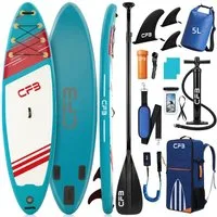 CFB SUP-Board Set 320x84x15 cm extra breit, Bis zu 160 kg, aufblasbar Stand Up Paddle Board, (iSUP Komplett-Set, 12 tlg., mit Alu Paddel, Pumpe, Rucksack, Leash, 5L Dry Bag und Schultergurt), Paddleboard aufblasbar für Anfänger & Erwachsene