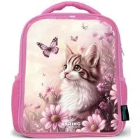 NoBoringSuitcases.com© Rucksack Rosa - Katze - Lila - Schmetterlinge - Blumen, Kinderrucksack, Schulrucksack, Freizeitrucksack, Mädchen, Kindergarten