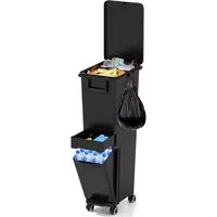 COSTWAY Mülleimer Küche, mit Deckel & Rollen, 2 Fächer, 32L Abfalleimer, Tretmülleimer