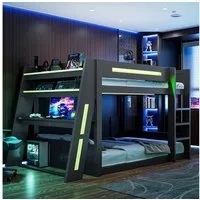 Merax Etagenbett 140x200cm mit LED und USB (Hochbett Jugendbett Stockbett Gaming Bett, 1-St), Holz Kinderbett mit Arbeitsbereich, Leiter, Ablagefächern & Stauraum