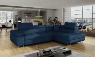 Ecksofa Schlafsofa SARRA in Stoff Kronos Dunkelblau Ottomane Rechts