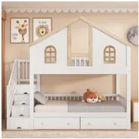 Merax Etagenbett (Stockbett mit Stauraum), Kinderbett 90x200cm mit 2 Schubladen und Stauraumtreppe, Kieferholz
