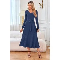 Arach&Cloz Strickkleid Damen Pulloverkleid Herbst Winterkleid Lang Plissee V-Ausschnitt Langarm Elegant Midi Kleider Winter