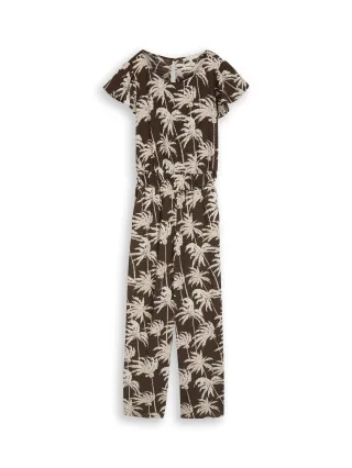 Denim Tom Tailor - Crinkle Jumpsuit mit Rüschenärmeln brown palmtree print - Gr. - XXL