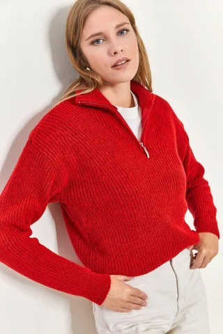 Oversized strukturierter Strickpullover mit Reißverschlusskragen