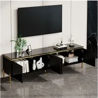 STILVORA Wohnzimmer-Set TV-Schrank in wohnzimmer TV-Ständer mit Stauraum hochglanz Schwarz, (Packung, 1-St., Goldkantenband, Stabile und elegante Metallfüße), TV-Ständer mit Stauraum für das Wohnzimmer