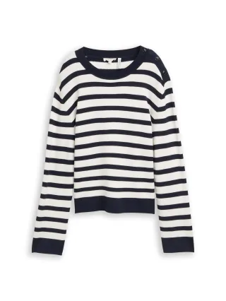 Tom Tailor - Strickpullover mit Streifenmuster white sky blue knit stripe - Gr. - M