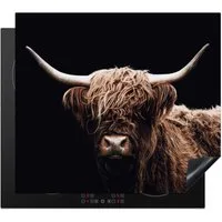 MuchoWow Herd-Abdeckplatte Schottischer Highlander - Schwarz - Horn, Vinyl, (1 tlg), Ceranfeldabdeckung Küche, Herdabdeckplatte Einteilig, 60x52 cm