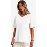 Imily Bela Kurzarmshirt Damen mit V-Ausschnitt Halbarm Seitenschlitzen Casual Loose (Packung, 1-tlg., 1per-Pack) mit Teilungsnähte in Unifarbe
