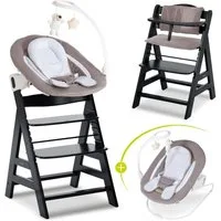 Hauck Hochstuhl Alpha Plus Black Newborn Set Deluxe, Holz Babystuhl ab Geburt inkl. Aufsatz für Neugeborene & Sitzauflage
