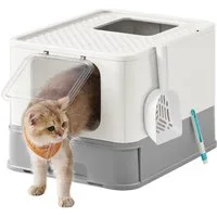 FEANDREA Katzentoilette mit Deckel, mit Tablett, Schaufel und Bürste, Auslaufsicherer Boden, für Katzen bis 15 kg, 1er/2er Set