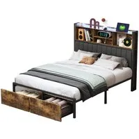 ADWOLT Stauraumbett Metallbett Polsterbett mit LED-Beleuchtung, Jugendbett 160x200cm,Doppelbett mit USB und Type-C und 2 Schubladen