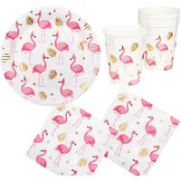 Karneval-Klamotten Einweggeschirr-Set Flamingo Deko Party Set 40 Teile, Partygeschirr Pappteller Pappbecher Servietten