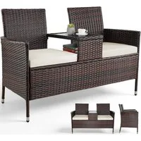 TLGREEN Balkonset Polyrattan Gartenbank 2er Set, (Wetterfest UV-beständig Rattan Sofa Outdoor, mit Tisch & Weichen Sitzkissen), Balkonmöbel für Kleinen Balkon/Terrasse/Garten