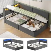 MSMASK Polsterbett mit USB-Steckdosen & LED-Kopfteil, Eckmontage möglich, Jugendbett (Ohne Matratze), Schlafsofa 90x200 cm mit Hydraulischem Stauraum