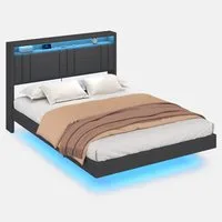 KIMENICH Polsterbett Schwebendes Doppelbett, Jugendbett mit RGB LED-Beleuchtung (Ohne Matratze), Kopfteil mit Stauraum und USB-C Ladestation, 140x200cm