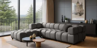 Sofa Designersofa FLOW 3-Sitzer inkl. 1 x Polsterhocker Stoff Bluvel Dunkelgrau