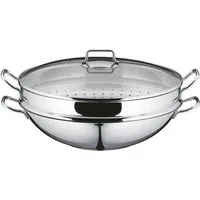 WMF Wok Wokpfanne Macao 36 cm, Induktion, Cromargan® Edelstahl Rostfrei 18/10 (Set, 4-tlg., 1 x Wok mit Glasdeckel, Dämpfeinsatz, Rezeptheft), für alle Herdarten geeignet, scharfes Anbraten bei hohen Temperaturen
