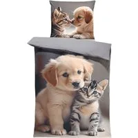 One Home Bettwäsche Puppy Friends, Flanell, 2 teilig, niedliche Hunde Katzen Welpen, kuschelig warme weiche Baumwolle Biber