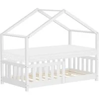 ML-DESIGN Spielbett Hausbett Kinderbett inkl. Lattenrost & Rausfallschutz Kinder Bodenbett, Abenteuerbett 70x140cm mit Matratze Himmelbett Kiefer Jugendbett Weiß