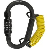 FISCHER Fahrrad Spiralschloss Karabiner-Schloss mit 150cm Spiralkabel, Zahlen-Schloss 4-stellig, Spiralband zur Sicherung von Helm Sattel etc