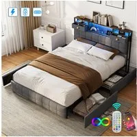 ADWOLT Polsterbett Doppelbett Stauraumbett mit 4 Schubladen und USB+Type C (Packung, 1-tlg., Jugendbett), 140x200 cm,Bettgestell mit Kopfteil und Lattenrost,Samtstoff - Grau