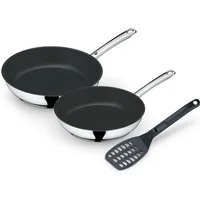 WMF Pfannen-Set Devil, Edelstahlpfanne Induktion mit Antihaftversiegelung, Cromargan® Edelstahl Rostfrei 18/10 (Set, 3-tlg., 2x Bratpfannen Ø 24/28 cm, 1x Pfannenwender), TransTherm®-Allherdboden, für alle Herdarten, inkl. Pfannenwender