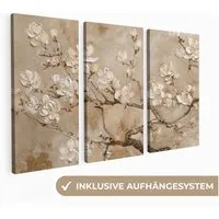 MuchoWow Leinwandbild Beige - Blüte - Modern, Fotodruck (3 St), Wand Bilder 3 Set, Deko Schlafzimmer Wohnzimmer Flur 60x40 cm