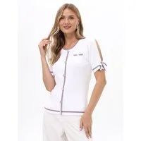 Passioni Kurzarmshirt mit Cut-Outs und Schleifendetails Strickshirt in Weiß- und Flieder mit Schleifen