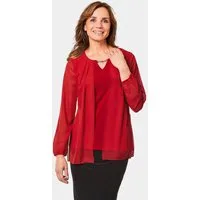 GOLDNER Klassische Bluse Festbluse mit Kettenverzierung Jerseybluse mit zartem Chiffon, Rundhals mit V-Ausschnitt und Langarm