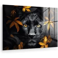 MuchoWow Acrylglasbild Schwarzer Panther - Blumen - Gold - Natur - Feline, Inkl. Aufhängung, Glasbilder Wohnzimmer, Schlafzimmer, Flur & Esszimmer, 30x20 cm