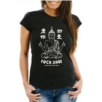 MoonWorks Print-Shirt Damen T-Shirt Buddha Motiv Fuck Shui Schriftzug Mittelfinger japanische Schriftzeichen Fun-Shirt Fashion Streetstyle Slim Fit Neverless® mit Print
